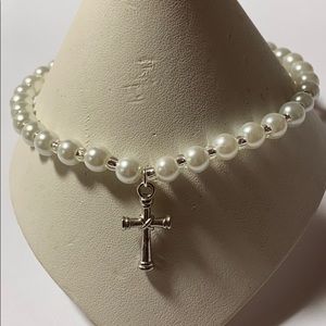 White Pearl Cross Stretch Ankle Bracelet